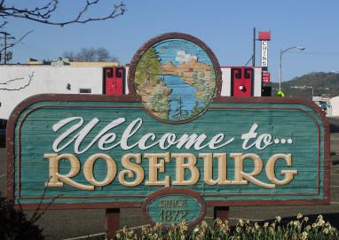 Welcome sign for Roseburg.
