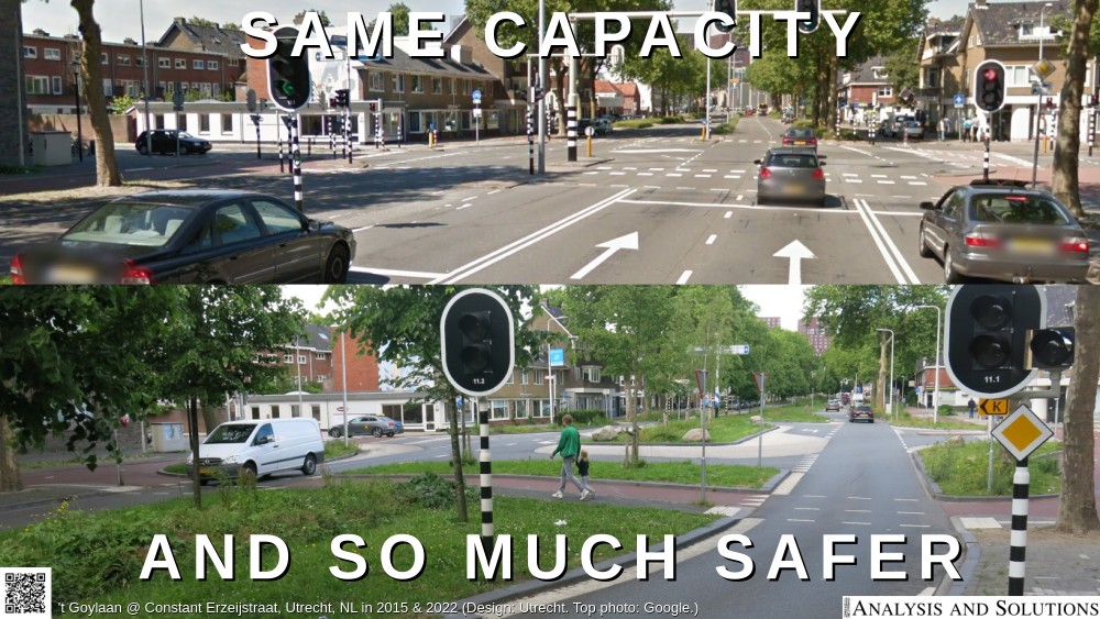 Title: Same Capacity and So Much Safer.  Top background image: Google Streetview (looking in the direction of travel) of 4 motor vehicle lanes approaching a signal controlled intersection. (Left turn lane, 2 through lanes, right turn lane.) 2 motor vehicle lanes are heading the opposite direction are on the other side of a narrow median.  Bottom background image: Same street that's one lane per direction, with a wide median creating a chicane like curve approaching the intersection. Intersection is kind of like a roundabout. Has a 2 head signal to stop vehicles on the main road if the intersection gets congested.  The linked to PDF contains full text of this image.